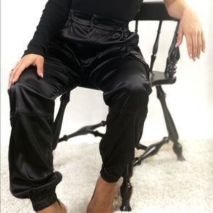 Black satin cargo pants